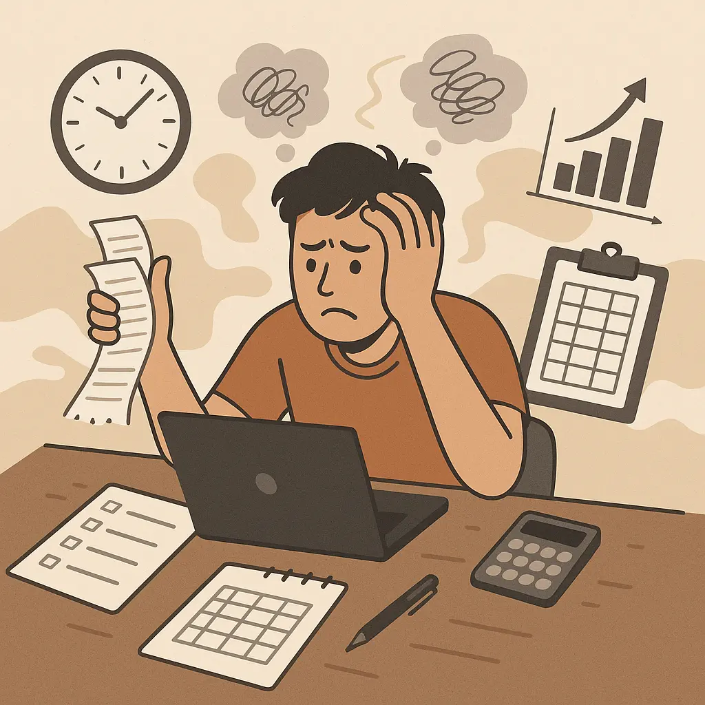Ilustración que representa el caos y la pérdida de tiempo en la gestión manual de un negocio.