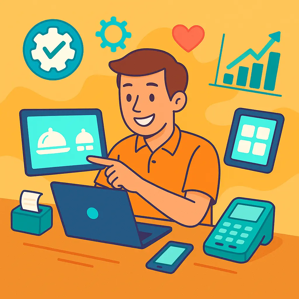 Ilustración que representa la digitalización y el crecimiento de un negocio con el software TPV Dine.
